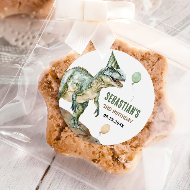 Jungle Dinosaur T Rex 3rd Birthday Party Classic Round Sticker (Creator Uploaded)