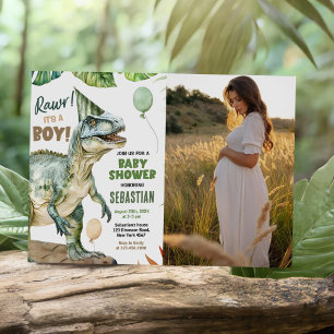 Jungle Dinosaur T Rex Baby Boy Shower Photo Invitation