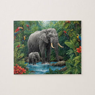 Jungle Elephant and Baby Safari Jigsaw Puzzle