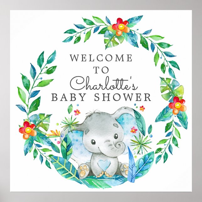Jungle Elephant Baby Shower Welcome Poster (Front)