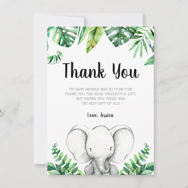 Jungle Elephant Boy Baby Shower Black Thank You Card (Front)