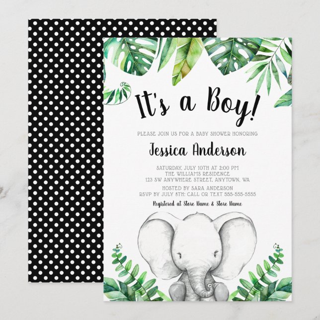 Jungle Elephant Boy Baby Shower Invitations Black (Front/Back)