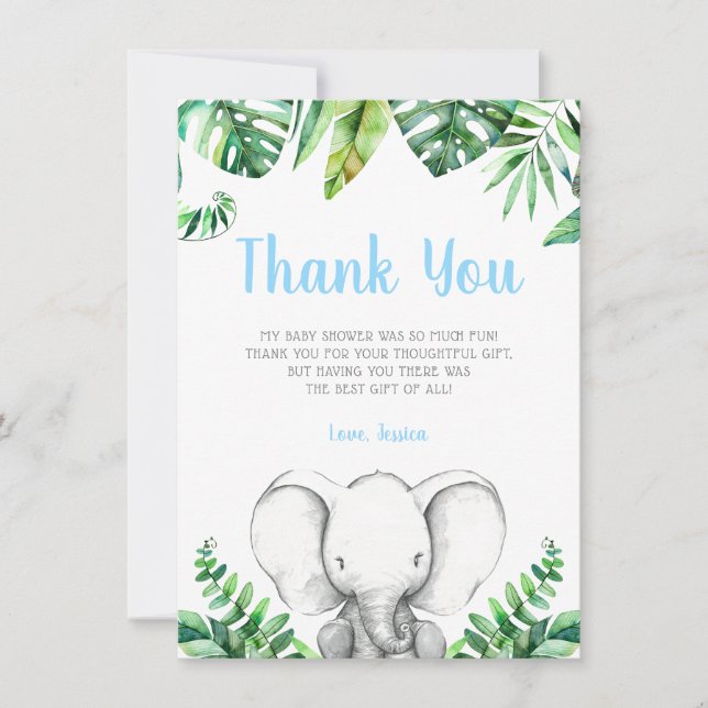 Jungle Elephant Boy Baby Shower Thank You Card (Front)