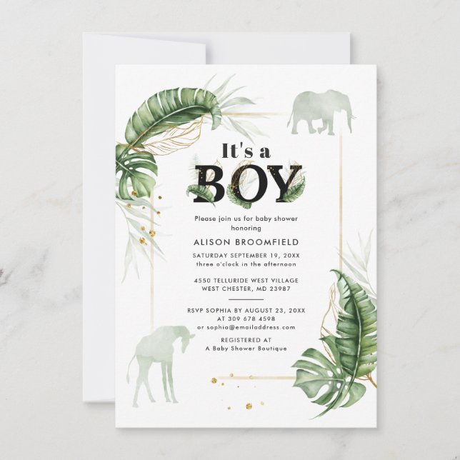 Jungle Elephant Giraffe Botanical Boy Baby Shower Invitation (Front)