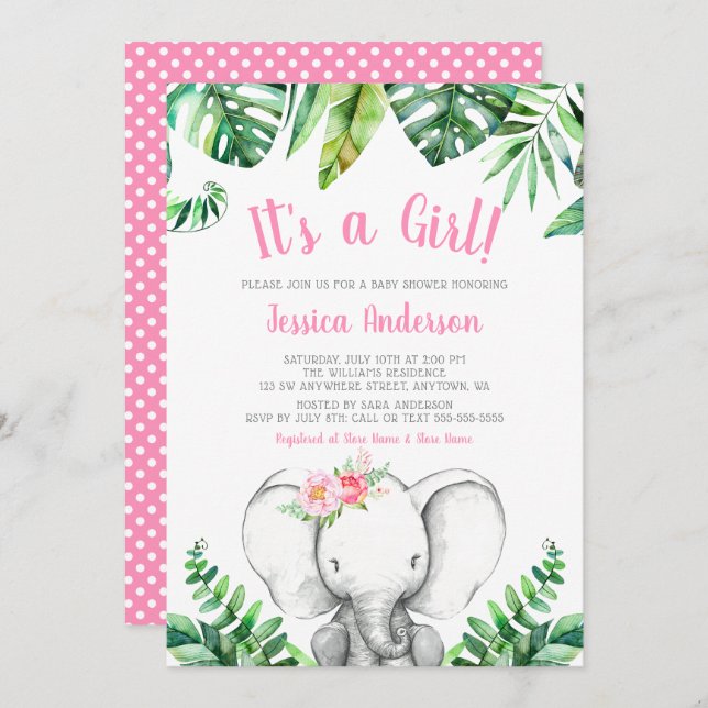 Jungle Elephant Girl Baby Shower Invitations (Front/Back)