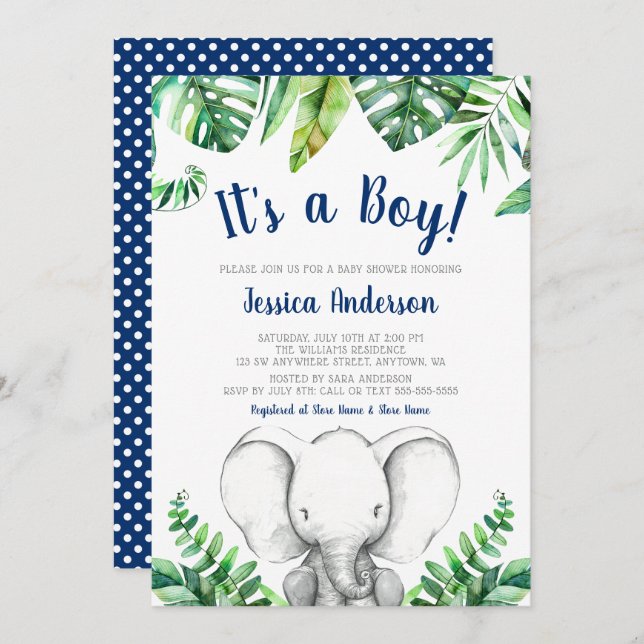 Jungle Elephant Navy Boy Baby Shower Invitations (Front/Back)