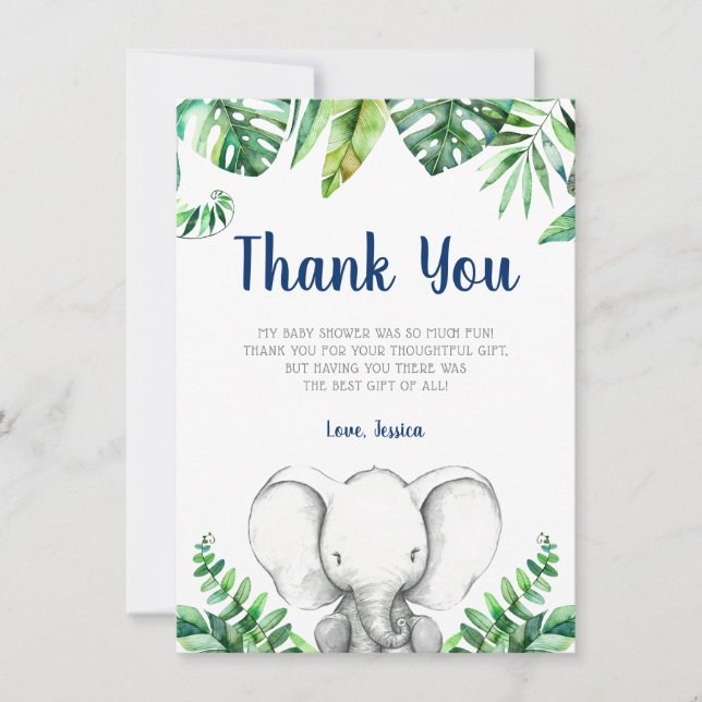 Jungle Elephant Navy Boy Baby Shower Thank You Card (Front)