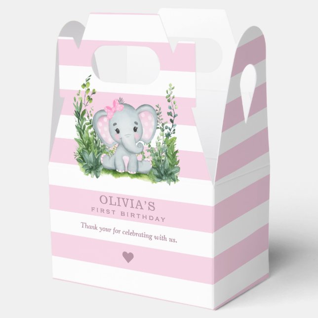 Jungle Elephant Pink 1st Birthday Party Thank You Favour Box (Opened)