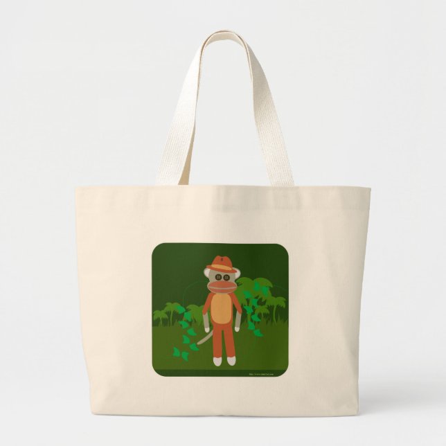 Jungle Explorer Sock Monkey Large Tote Bag (Front)