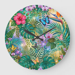 Jungle Fantasy Butterflies Flowers Cheerful Large Clock