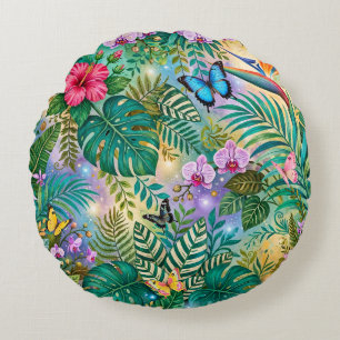 Jungle Fantasy Butterflies Flowers Cheerful Round Cushion