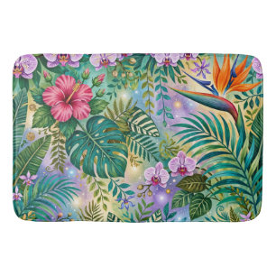 Jungle Fantasy Flowers Purple Green Gold Dreamy Bath Mat