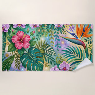 Jungle Fantasy Flowers Purple Green Gold Dreamy Beach Towel