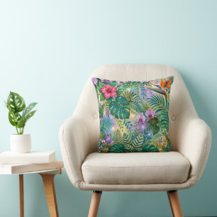 Jungle Fantasy Flowers Purple Green Gold Dreamy Cushion