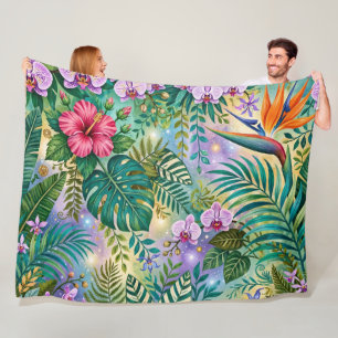 Jungle Fantasy Flowers Purple Green Gold Dreamy Fleece Blanket