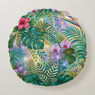 Jungle Fantasy Flowers Purple Green Gold Dreamy Round Cushion