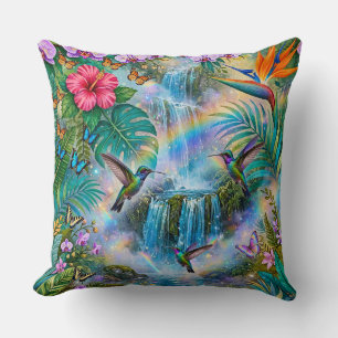 Jungle Fantasy Waterfalls Hummingbirds Rainbow Cushion