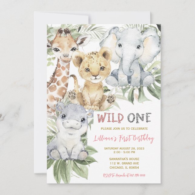  Jungle First Girl Birthday Party Invitation (Front)