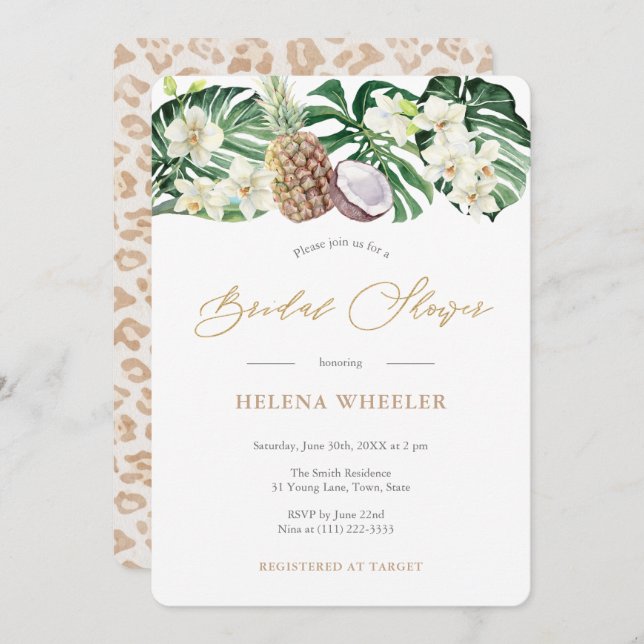 Jungle Foliage Green White Pineapple Bridal Shower Invitation (Front/Back)