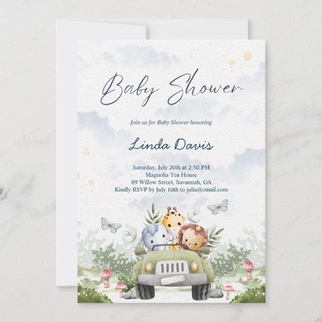 Jungle Friends Driving Car Baby Shower Invitation (Front)