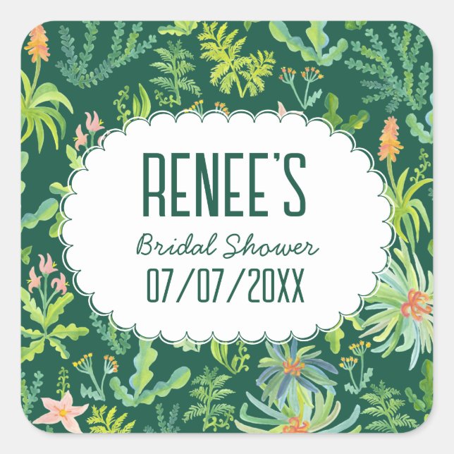 Jungle Garden Watercolor Custom BRIDAL SHOWER Square Sticker (Front)