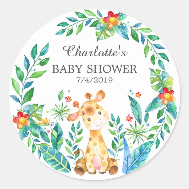 Jungle Giraffe Baby Shower Thank You Favour Sticke Classic Round Sticker (Front)