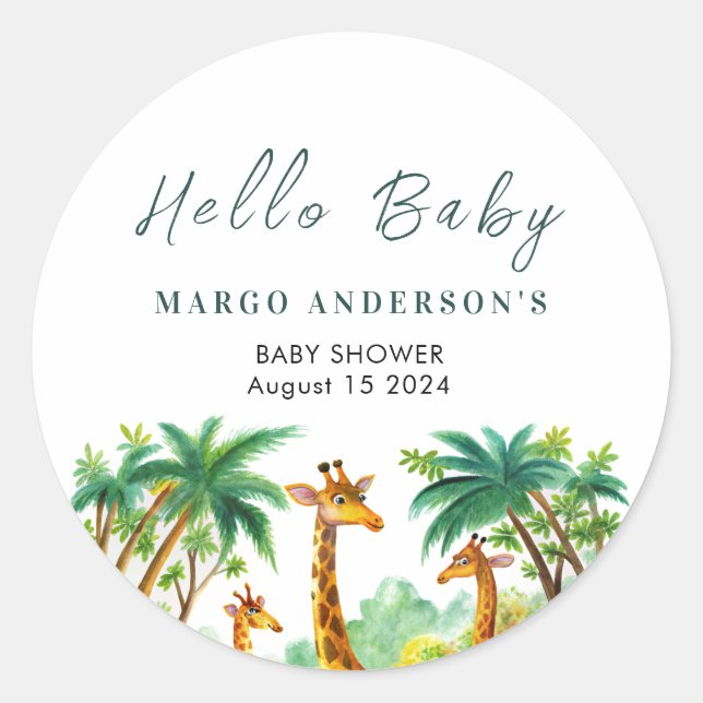Jungle Giraffe Cute Elegant Hello Baby shower Classic Round Sticker (Front)
