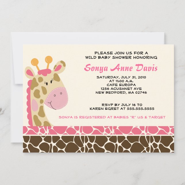Jungle Giraffe Print (Pink) Baby Shower 5x7 Invite (Front)