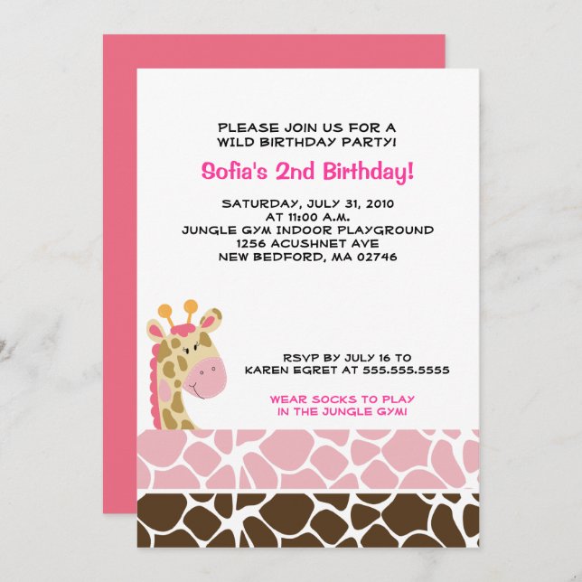 Jungle Giraffe Print (Pink) Birthday Party Invite (Front/Back)