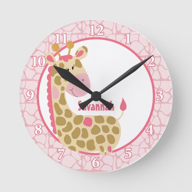 Jungle Giraffe Wall Clock (Pink) Add a Name (Front)