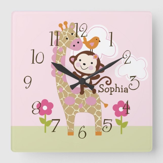 Jungle Girl Animal Kid's Baby Nursery Clock (Front)
