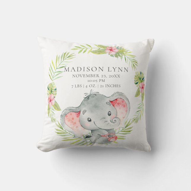Jungle Girl Elephant Baby Birth Stats Pillow (Front)