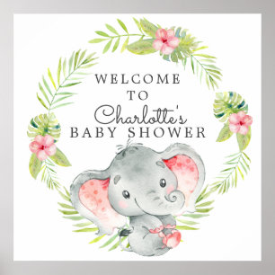 Jungle Girl Elephant Baby Shower Welcome Poster