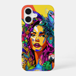 Jungle Goddess Pop Art Peacock Portrait iPhone 16 Case