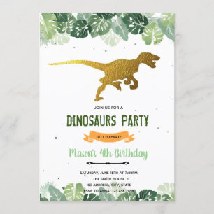 Jungle gold t-rex dinosaur birthday invitation