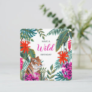 Jungle green & pink wild tropical birthday tiger card