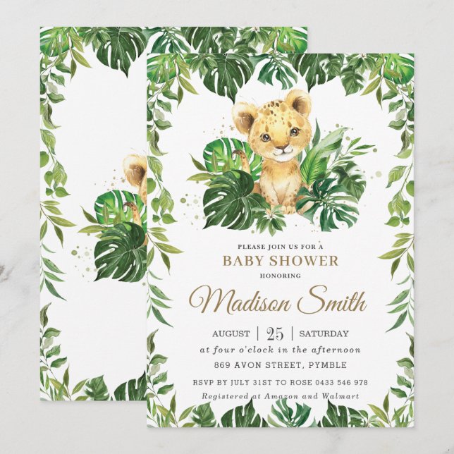Jungle Greenery Adorable Lion Cub Boy Baby Shower  Invitation (Front/Back)