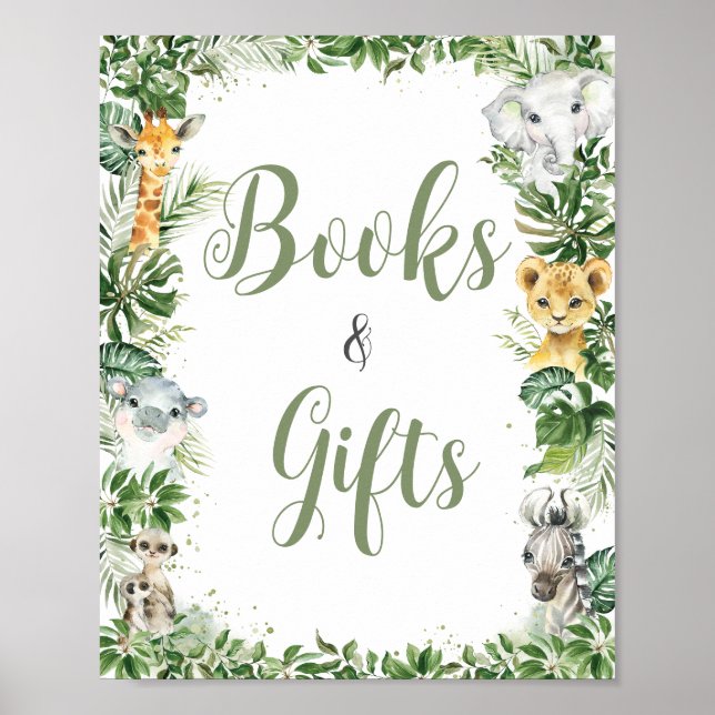 Jungle Greenery Baby Shower Books and Gifts Sign (Front)