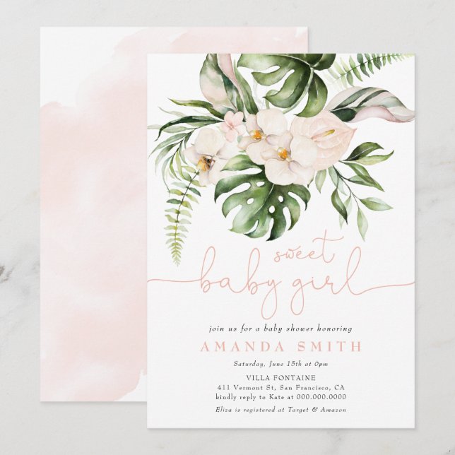 Jungle Greenery Pink Floral Sweet Girl Baby Shower Invitation (Front/Back)