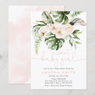 Jungle Greenery Pink Floral Sweet Girl Baby Shower Invitation