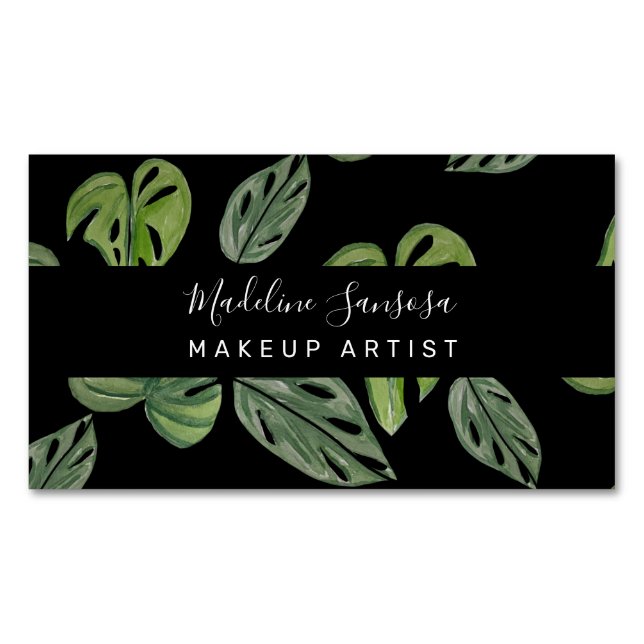 Jungle Greenery Watercolor Monstera Salon Makeup  Magnetic Business Card (Front)