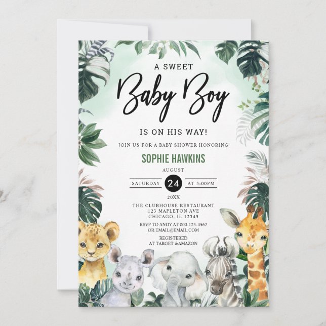  Jungle Greenery Wild Safari Animals Baby Shower Invitation (Front)