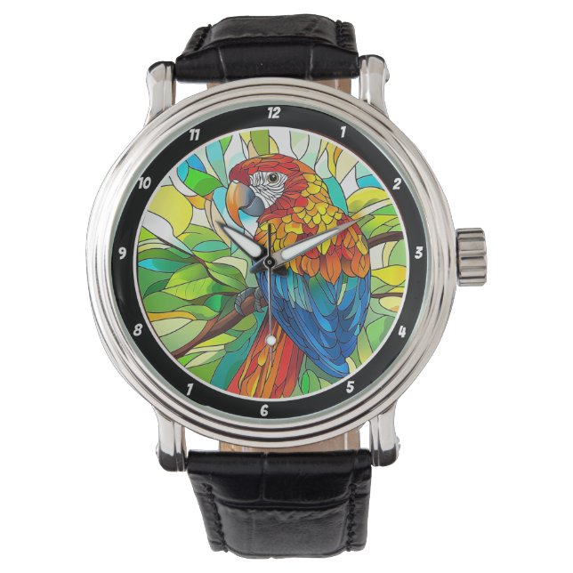Jungle Harmony" - Stained Glass Parrot Watch (Front)