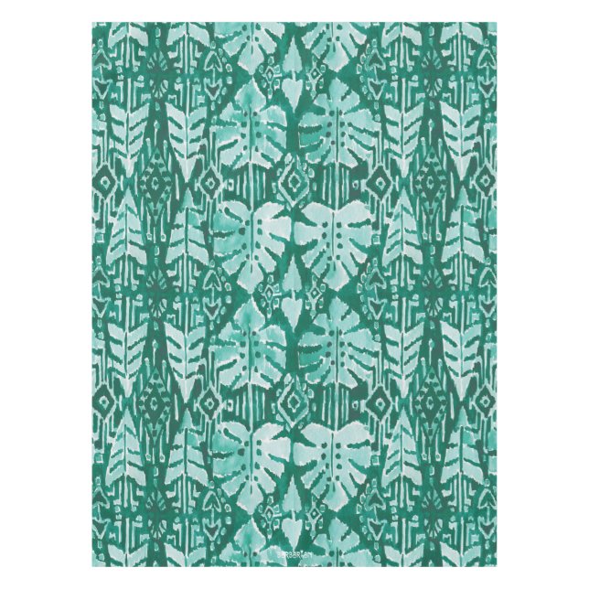 JUNGLE IKAT Hawaiian Green Tribal Tropical Tablecloth (Front)