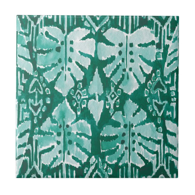 JUNGLE IKAT Hawaiian Green Tribal Tropical Tile (Front)