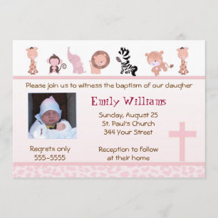 Jungle Invitation Girl Baptism Christening Pink