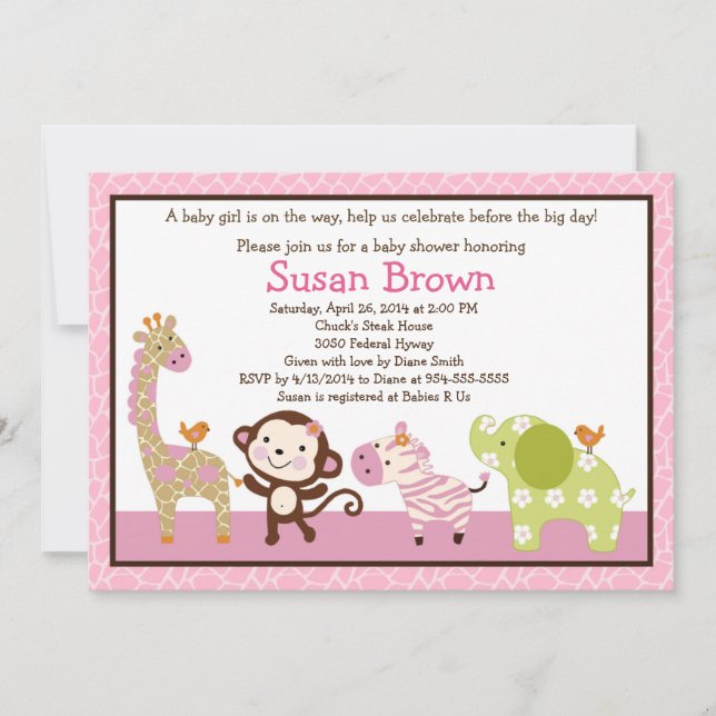 Jungle Jill /Girl Animals Baby Shower Invitation (Front)