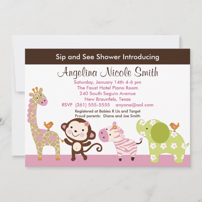 Jungle Jill / Girl Animals Sip & See Invitation (Front)