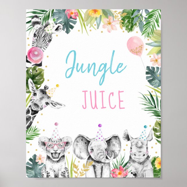 Jungle Juice Pink Gold Tropical Safari Birthday Poster (Front)