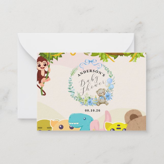 Jungle leafy themed monkey soft toys baby shower card (Front)
